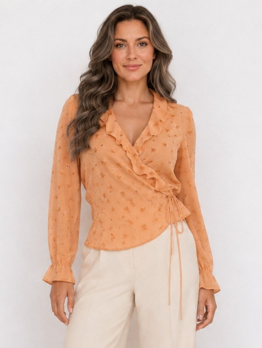 Rena Rowan 100% Silk Peach Floral Wrap Blouse Ruffle Boho Chic Size 12
